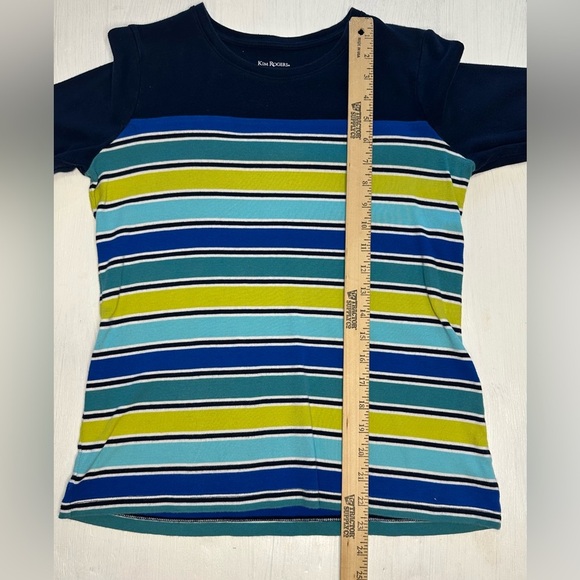 Kim Rogers Women’s Small Striped 3/4 Sleeve Cotton Top Blue Green - Picture 5 of 7